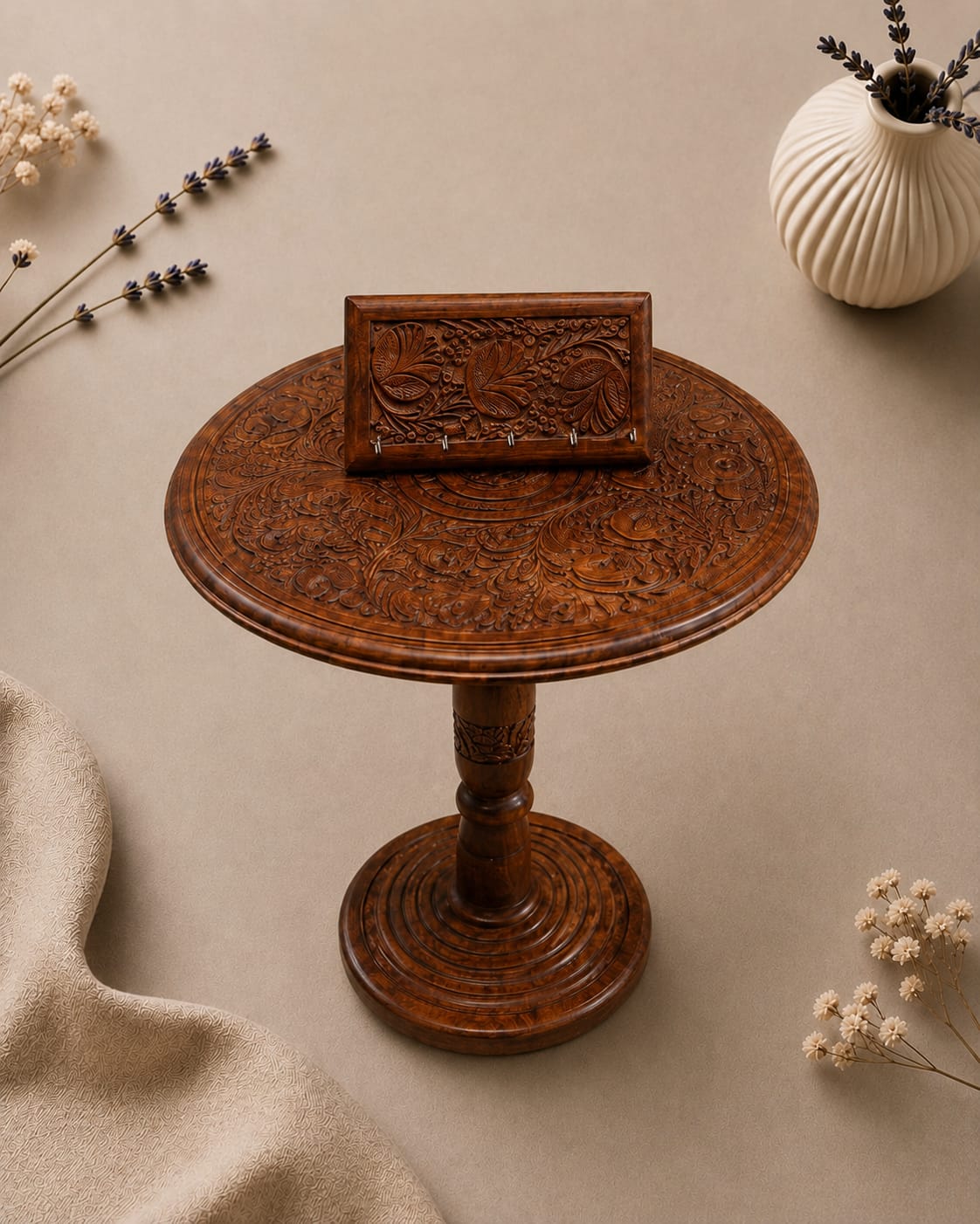 Combo Deal-Handcrafted  Carved Wooden Table & Key Holder