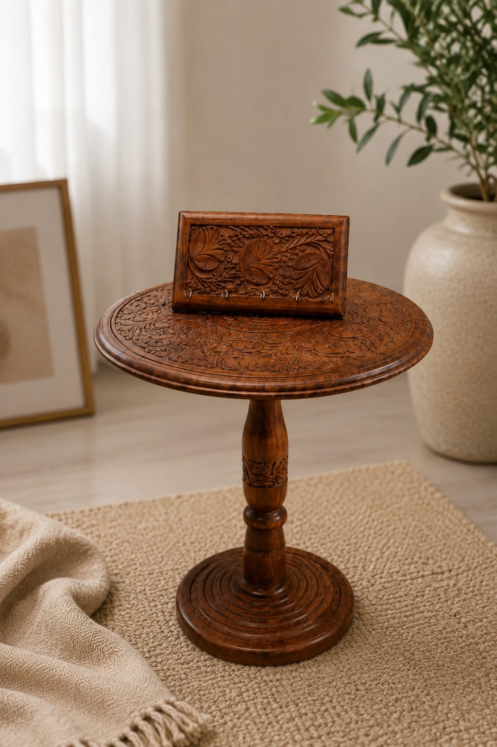 Combo Deal-Handcrafted  Carved Wooden Table & Key Holder