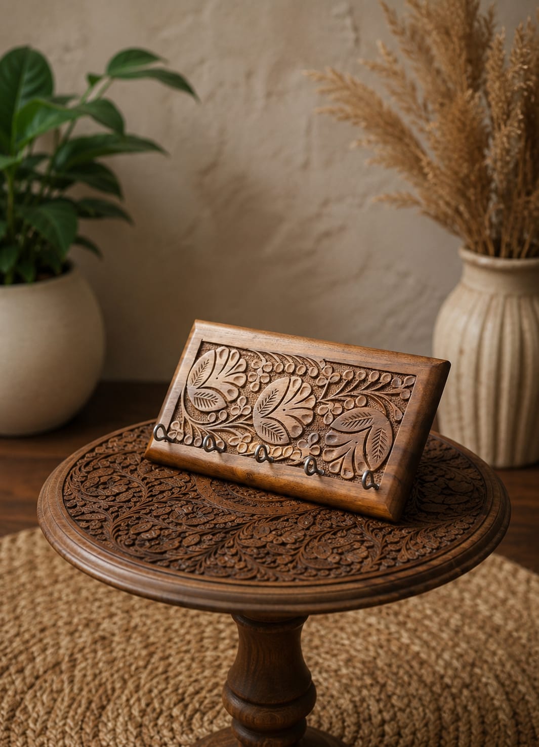 Combo Deal-Handcrafted  Carved Wooden Table & Key Holder