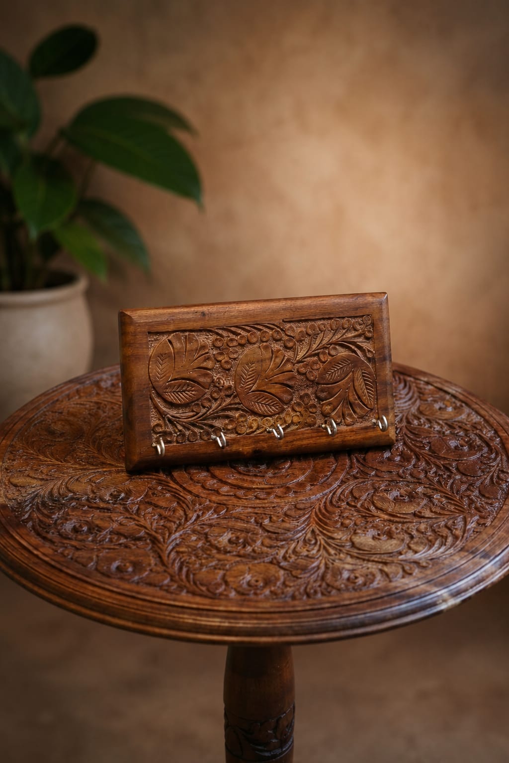 Combo Deal-Handcrafted  Carved Wooden Table & Key Holder